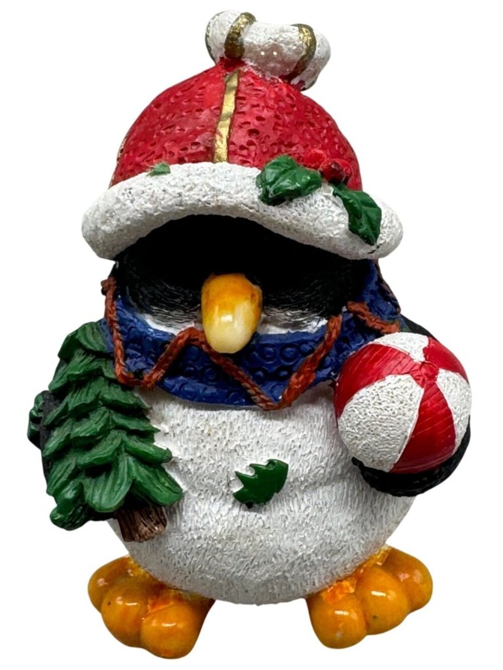 Christmas Holiday Penguin Figurine With Santa Hat Holding Tree & Ornament READ